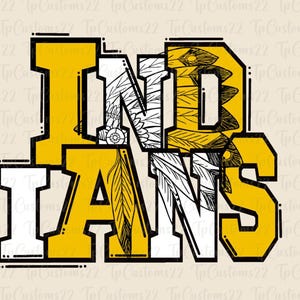 Op de afbeelding: Een grafisch ontwerp met het woord "INDIANS" in gele blokletters met een zwarte omtrek. De letters "I" en "N" zijn gevuld met een zwart-wit verenpatroon.