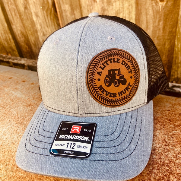 A Little Dirt Never Hurt Hat, Tractor Hat, Personalized Boys Hat, Farm Tractor Hat, Youth Custom Hat, Leather Patch Hat, Richardson 112,