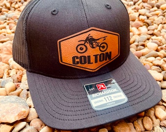 Kids Name Personalized Hat, Dirt Bike Hat, Personalized Motocross Boys Hat, Youth Custom Hat, Leather Patch Hat, Richardson 112, SnapBack,