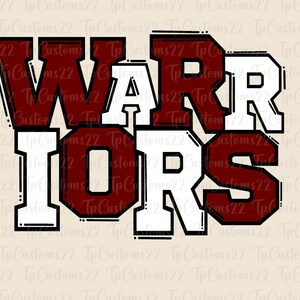 Könnte beinhalten: Grafikdesign mit dem Wort "WARRIORS" in fetter, geschichteter Schrift. Die Buchstaben wechseln zwischen Burgunderrot und Weiß mit schwarzen Umrissen, vor beigem Hintergrund. Ideal für Teamartikel.