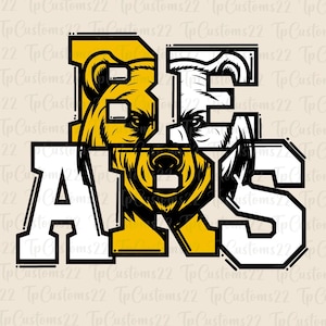 May include: A graphic design featuring the word "BEARS" in a varsity style font. The letters are outlined in black and filled with white and yellow. The letters are partially obscured by bear faces, with the "B" and "E" obscured by a white bear face and the "A" and "R" obscured by a yellow bear face.