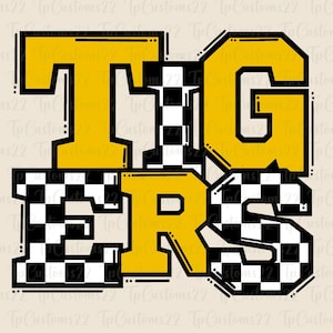 Tigers Checkered Yellow Football PNG, School Mascot Png, Yellow and White Tigers, Football Shirt, School Spirit, Team Spirit, Checkered png,