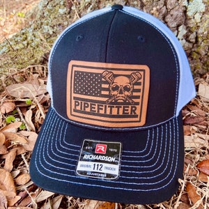 Pipefitter Hat, Oilfield Worker Hat, Pipefitter Leather Patch Hat, Richardson 112, Tradesman Hat, Trades Worker Hat, Blue Collar Hat