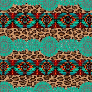 May include: A seamless pattern featuring a turquoise and brown color scheme. The pattern includes a leopard print, turquoise and gray floral designs, and a geometric southwestern style design.