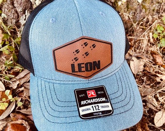 Kids Name Personalized Hat, Deer Tracks Hunting Hat, Personalized Deer Hunting Boys Hat, Youth Custom Hat, Leather Patch Hat, Richardson 112