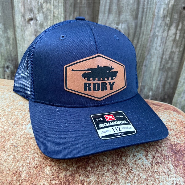 Kids Name Personalized Hat, Military Tank Hat, Personalized Army Tank Boys Hat, Youth Custom Hat, Leather Patch Hat, Richardson 112,