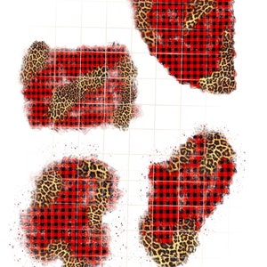 May include: Four digital paper designs featuring a red and black buffalo plaid pattern with a leopard print overlay. The designs have a distressed, vintage look.