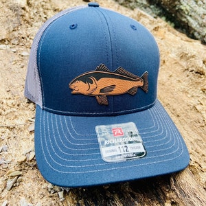 Red Fish Hat, Red Drum, Saltwater Fishing, Inshore Fishing Hat, Hunting, Fishing, Leather Patch Hat, Richardson 112, SnapBack,
