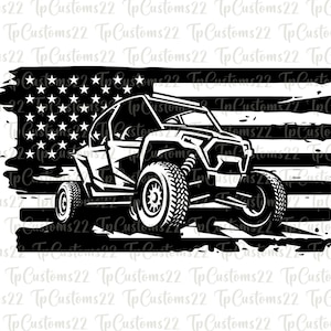 Puede incluir: Ilustración en blanco y negro de un vehículo todoterreno visto de lado, conduciendo frente a una bandera estadounidense. La bandera está desgastada y tiene un efecto grunge.