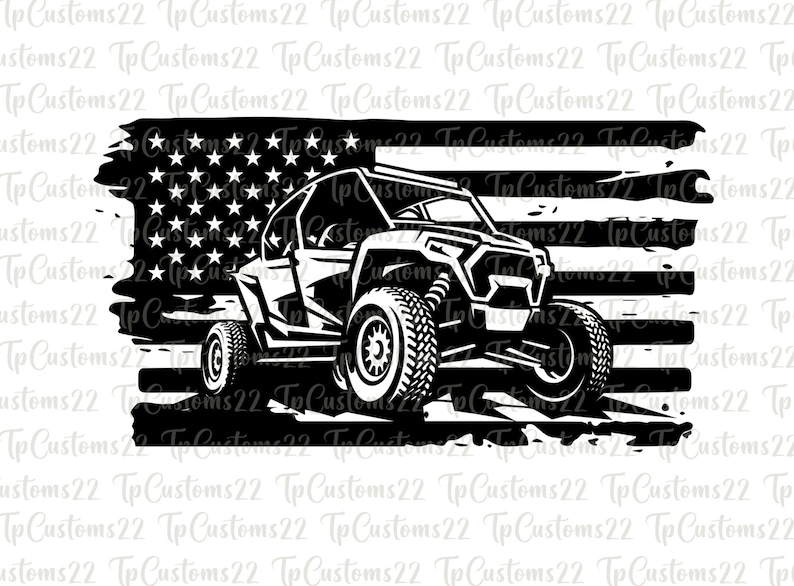 Puede incluir: Ilustraci&oacute;n en blanco y negro de un veh&iacute;culo todoterreno visto de lado, conduciendo frente a una bandera estadounidense. La bandera est&aacute; desgastada y tiene un efecto grunge.