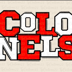 May include: A red and white graphic design with the word "COLTS" in a bold, blocky font. The letters are outlined in black and have a vintage, athletic feel.