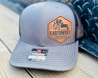 Custom Construction Company Leather Hat, Company Hat, Construction Hat, Leather Patch Hat, Richardson 112, Gift for Him, Heavy Equipment Hat