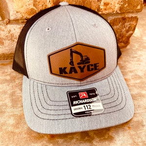 Kids Name Personalized Hat, Excavator Hat, Personalized Boys Hat, construction Hat, Youth Custom Hat, Leather Patch Hat, Richardson 112,