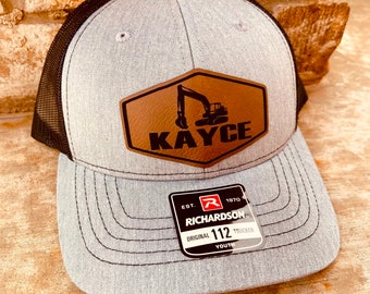 Kids Name Personalized Hat, Excavator Hat, Personalized Boys Hat, construction Hat, Youth Custom Hat, Leather Patch Hat, Richardson 112,