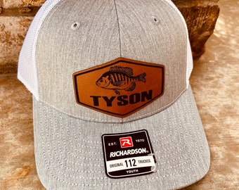 Kids Name Personalized Hat, Blue Gill Fishing Hat, Personalized Boys Hat, Fishing Hat, Youth Custom Hat, Leather Patch Hat, Richardson 112,