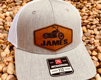 Kids Name Personalized Hat, Motorcycle Hat, Personalized Boys Hat, Motorcycle Hat, Youth Custom Hat, Leather Patch Hat, Richardson 112,