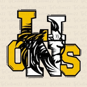 Lions Yellow Football PNG, School Mascot Png, Yellow and White Lions, Football Shirt, School Spirit, Team Spirit, Sublimation, Lions png