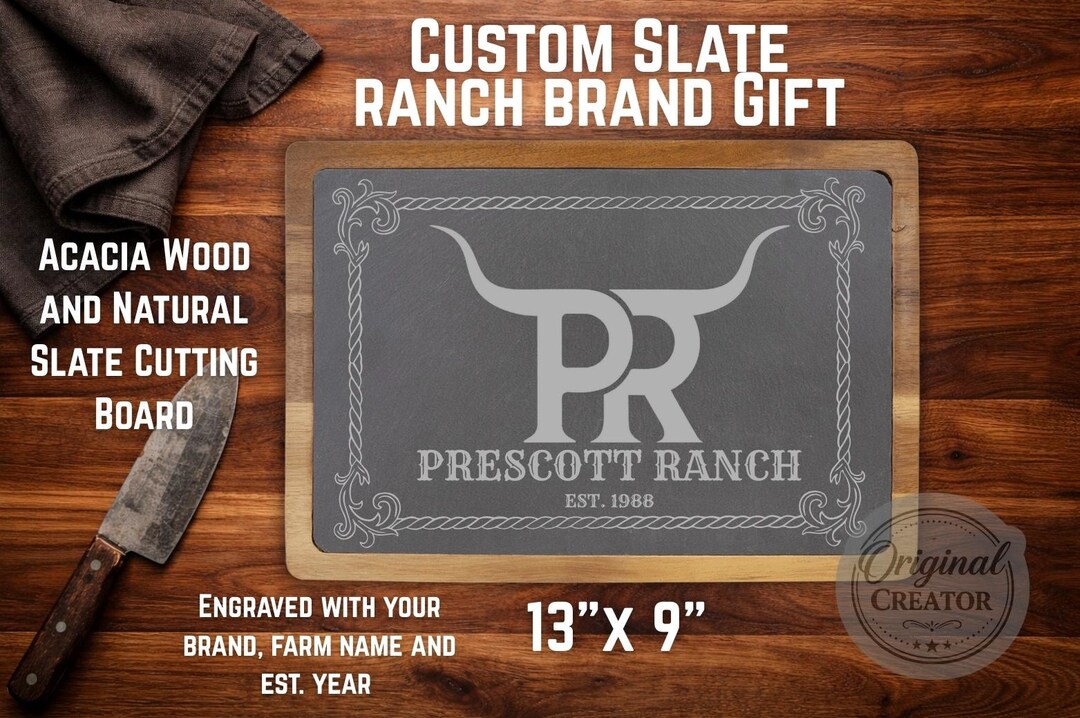 Custom Ranch Brand Slate Cutting Board | Personalized Acacia Wood ...
