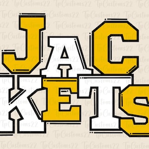 Op de afbeelding: Een grafisch ontwerp met het woord "JACKETS" in een varsity-stijl lettertype. De letters zijn zwart omlijnd en gevuld met geel en wit.