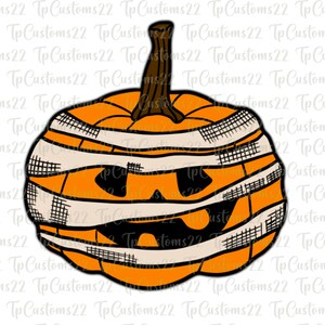 May include: A cartoon orange pumpkin with a white bandage wrapped around it. The pumpkin has a black smiling face with two eyes.
