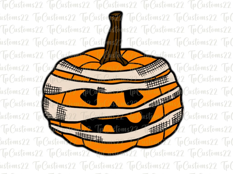 May include: A cartoon orange pumpkin with a white bandage wrapped around it. The pumpkin has a black smiling face with two eyes.