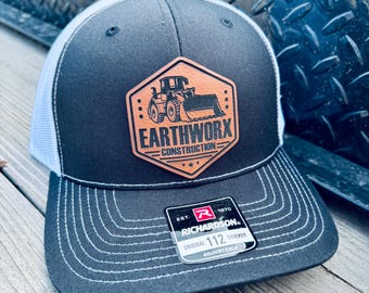 Custom Construction Company Leather Hat, Company Hat, Construction Hat, Leather Patch Hat, Richardson 112, Gift for Him, Heavy Equipment Hat
