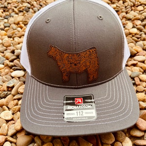 Tooled Leather Show Steer Hat. Faux Tooled Leather, Show Steer Hat, Stock Show Hat, Leather Patch Hat, Richardson 112, SnapBack,