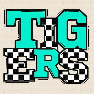 Tigers Checkered Mint Football PNG, School Mascot Png, Mint and White Tigers, Football Shirt, School Spirit, Team Spirit, Checkered png,