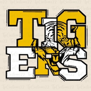Op de afbeelding: Een geel en wit grafisch ontwerp met de letters "T.G.E.S." en een tijgerillustratie. De letters zijn zwart omlijnd en hebben een vintage stijl.