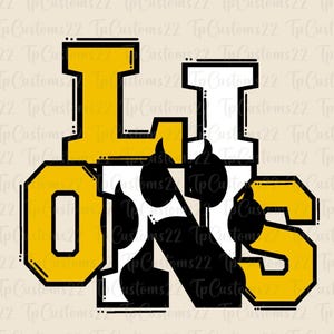 Lions Yellow Football PNG, School Mascot Png, Yellow and White Lions, Football Shirt, School Spirit, Team Spirit, Sublimation, Lions png