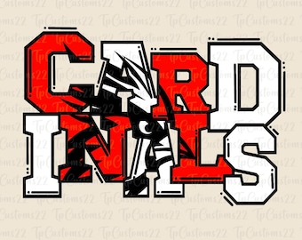 Può includere: Un design grafico rosso, bianco e nero con la parola "CARDINALS" in un carattere audace e a blocchi. Il design presenta un uccello stilizzato con uno schema di colori rosso, bianco e nero.