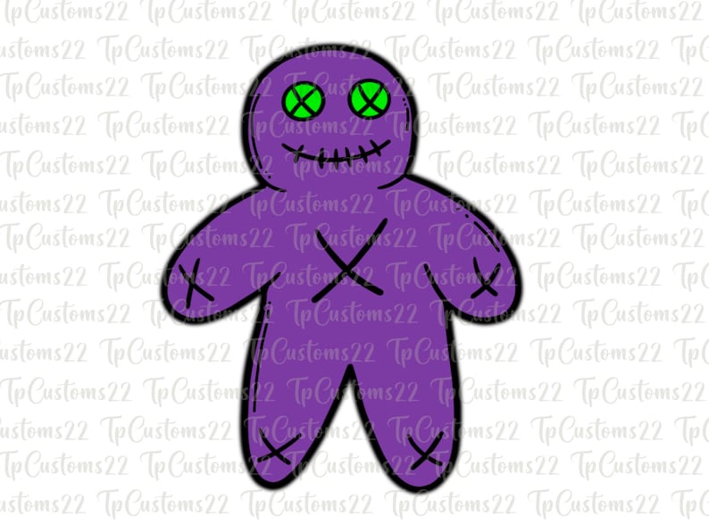 May include: A purple voodoo doll with green eyes and an X stitched on each limb. The doll has a stitched mouth and a stitched nose.