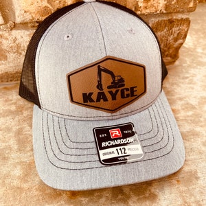 Kids Name Personalized Hat, Excavator Hat, Personalized Boys Hat, construction Hat, Youth Custom Hat, Leather Patch Hat, Richardson 112,