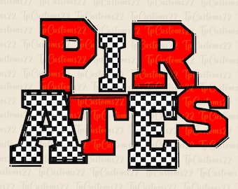 May include: Red and black chequered letters spelling out "PIRATES" with a racing theme. The letters are outlined in black and have a bold, blocky font.
