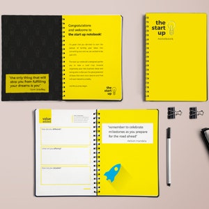 Puede incluir: Una libreta amarilla con el texto "the start up notebook" y un gráfico de bombilla. La libreta está abierta en una página con el texto "remember to celebrate milestones as you prepare for the road ahead" y un gráfico de cohete. La libreta está sobre una superficie marrón claro con un bolígrafo negro, dos clips de carpeta plateados y unas gafas negras.