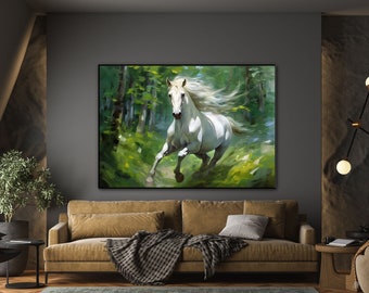 Weißes Pferd, laufendes Pferd, Frühling, Wald 100 % handgefertigt, Strukturgemälde, abstraktes Acryl-Ölgemälde, Wanddekoration Wohnzimmer, Büro