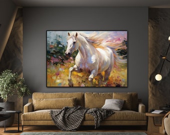 White Horse, Running Horse, Spring, Forest, Flowers 100% Handmade, Textured Painting, Acrylic Abstract Oil Painting, Wall Decor Living Room