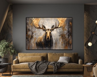 Gold, Braun, Elch, Grau 100% handgemacht, strukturiertes Bild, abstraktes Ölgemälde, Wanddekor Wohnzimmer, Bürowandkunst