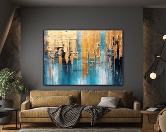 Blue, Beige, Black, Gold 100% Handmade, Textured Painting, Acrylic Abstract Oil Painting, Wall Decor Living Room, Office Wall Art