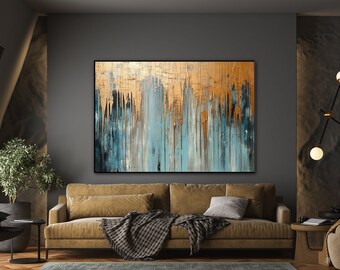 Gold, Blau, Schwarz, Beige 100% handgemacht, strukturierte Malerei, abstraktes Acrylölgemälde, Wanddekor Wohnzimmer, Bürowandkunst