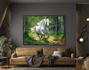 Weißes Pferd, laufendes Pferd, Frühling, Wald 100% handgemacht, strukturiertes Bild, abstraktes Acrylölgemälde, Wanddekor Wohnzimmer, Büro