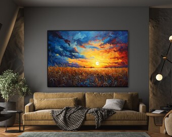 Rural, Cebada, Campo de trigo, Puesta de sol 100% hecho a mano, Pintura texturizada, Pintura al óleo abstracta acrílica, Decoración de pared Sala de estar, Arte de pared de oficina