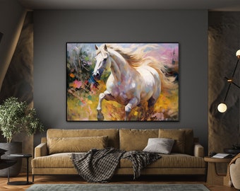Weißes Pferd, laufendes Pferd, Wald, Frühling 100% handgemacht, strukturiertes Bild, abstraktes Ölgemälde, Wanddekor Wohnzimmer, Büro