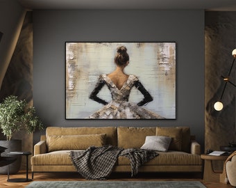 Bailarina, Danza, Negro, Beige 100% Hecho a mano, Pintura Texturizada, Pintura al óleo abstracta acrílica, Decoración de pared Sala de estar, Arte de pared de oficina