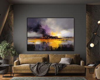 Meerlandschaft, Sonnenuntergang, gelb, lila 100% handgemacht, strukturiertes Bild, abstraktes Ölgemälde, Wanddekor Wohnzimmer, Bürowandkunst