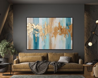 Marineblau, Beige, Blau, Gold 100% handgemacht, strukturierte Malerei, abstraktes Acrylölgemälde, Wanddekor Wohnzimmer, Bürowandkunst