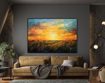 Natur, Wiese, ländlich, Herbst, Sonnenaufgang 100% Handarbeit, Strukturbild, Abstraktes Acryl-Ölgemälde, Wanddekor Wohnzimmer, Bürowand