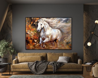 Running Horse, White Horse, Forest, Autumn 100% Handmade, Textured Painting, Acrylic Abstract Oil Painting, Wall Decor Living Room, Office