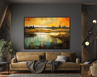 Ländlich, Wiese, Sonnenuntergang, Fluss 100 % handgefertigt, Strukturgemälde, abstraktes Acryl-Ölgemälde, Wanddekoration Wohnzimmer, Büro-Wandkunst