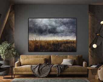 Rural, Meadow, Dark Sky, Barley 100% Handmade, Textured Painting, Acrylic Abstract Oil Painting, Wall Decor Living Room, Office Wall Art